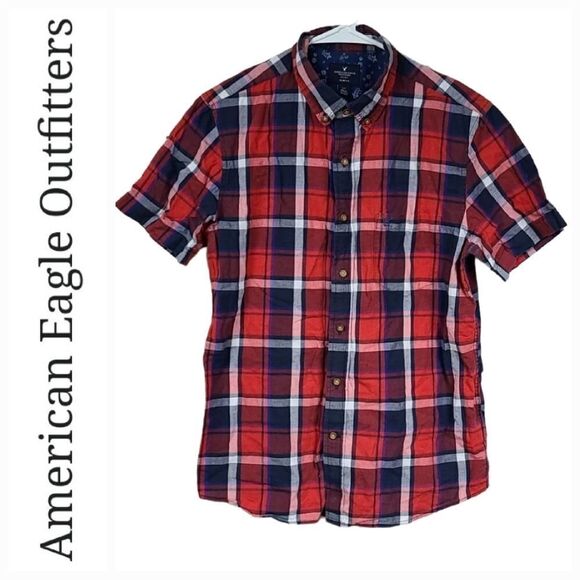 American Eagle Outfitters Other - American Eagle Men Small Slim Fit Red Blue Plaid Button Down Short Sleeve Shirt